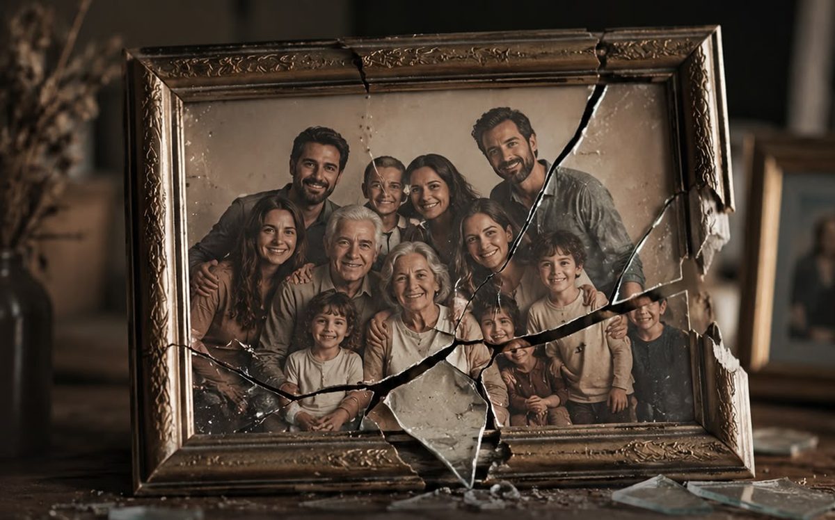 Retrato de família em uma moldura rachada, com cacos de vidro sobre a mesa